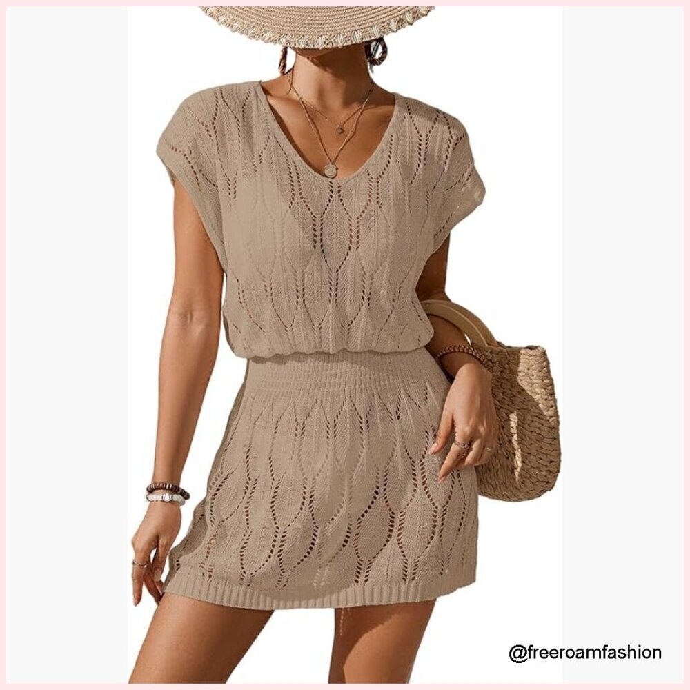 Crochet Elastic Waist Beach Cover Up Mini Dress Scoop Neck Cap Sleeve